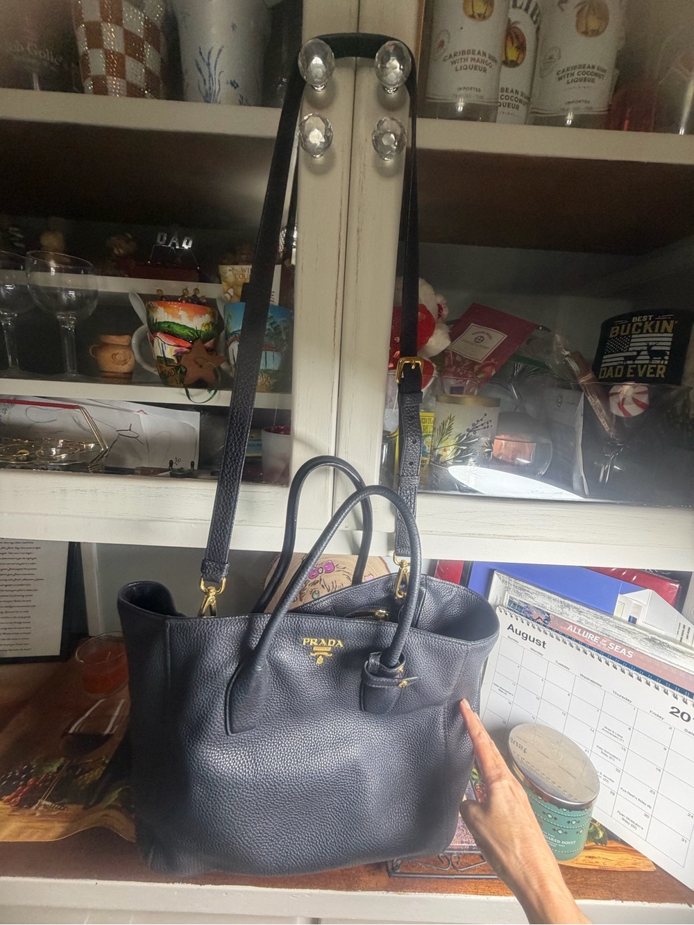 Prada Navy Blue Pebbled Leather Tote with Shoulder Strap